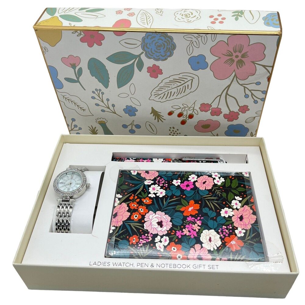 Gift Set Watch Notebook Pen Floral Women In Box Untested Pink Green Silver Tone